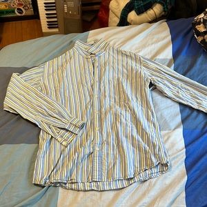 Blue Button Up with White and Yellow Stripes